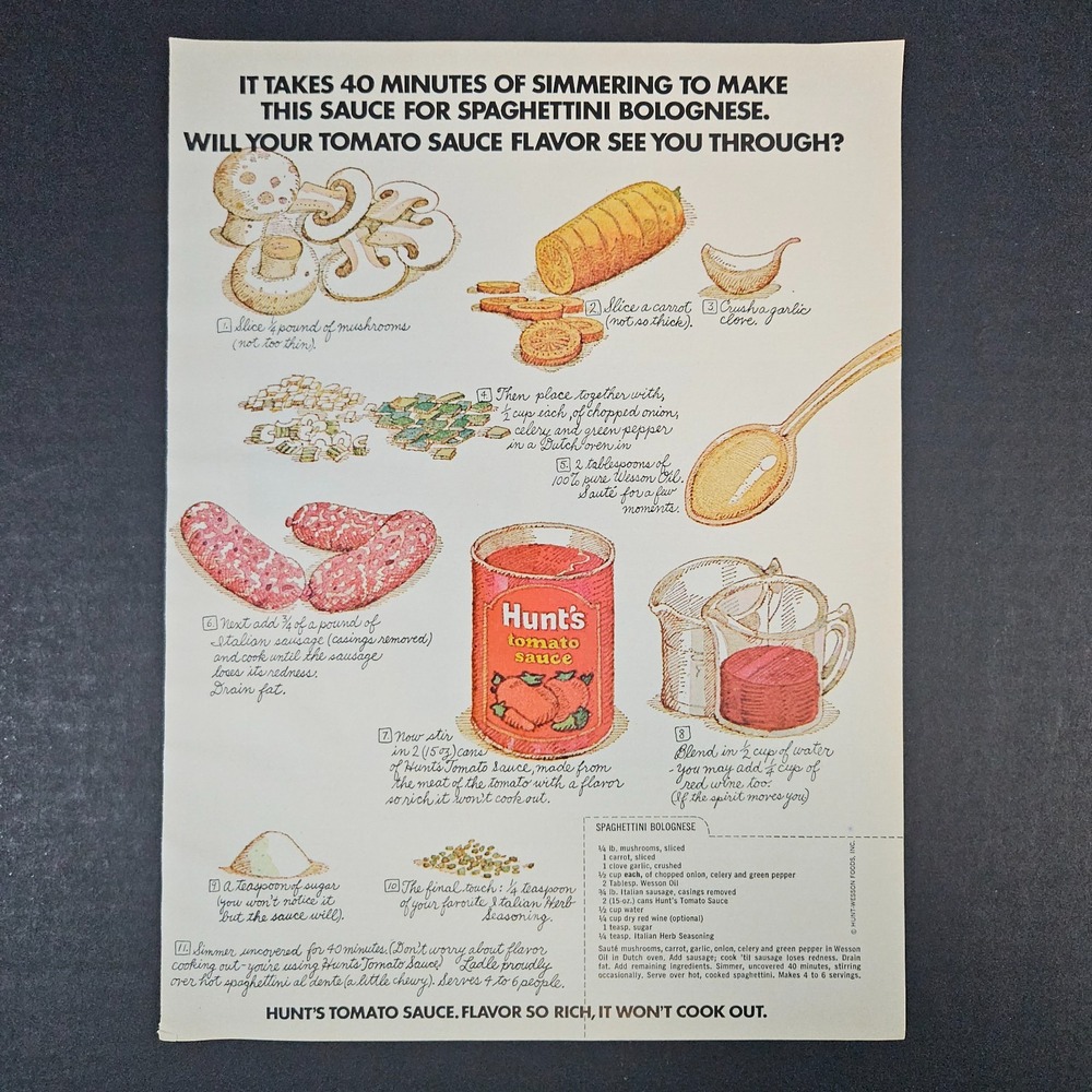 1974 Hunt's Tomato Sauce Vintage Print Ad Spaghettini Bolognese‎ Recipe Wesson